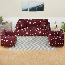 Aura Maroon & White Printed Polyester 3 Piece Sofa Cover With Arms image 2