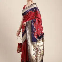 Leeza Store Red & Navy Blue Woven Design Silk Blend Patola Saree image 1