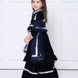 THE PONY & PEONY CO. Girls Thread Work Velvet Anarkali Kurta with Sharara & With Dupatta image 4