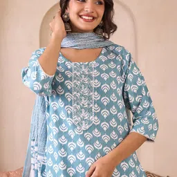 Sangria Embroidered Pure Cotton Round Neck Kurta & Trousers With Dupatta image 3