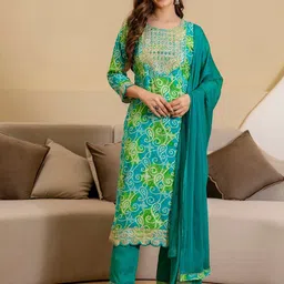 SKYLEE Bandhani Printed Round Neck Mirror Work Straight Kurta With Trousers & Dupatta-picture-38