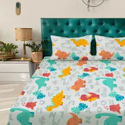 Aura Off White & Yellow Cartoon Characters 300 TC King Bedsheet with 2 Pillow Covers image 5