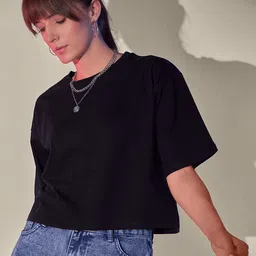 QIOA Round Neck New Basics Cotton Raw Edge Oversized Fit T-shirt image 5