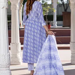 KALINI Women Floral Printed Regular Pure Cotton Kurta with Trousers & With Dupatta image 3