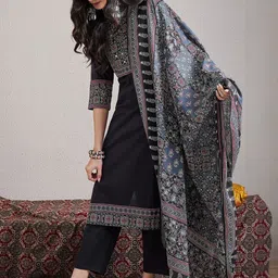 Indo Era Ethnic Motifs Embroidered Mirror Work Pure Cotton Kurta With Trousers & Dupatta image 5
