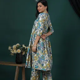 Globus Women Floral Printed High Slit Thread Work Kurta with Trousers image 5
