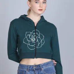 Obaan Women Graphic Printed Hooded Neck Front Open Crop Sweatshirt-image-52