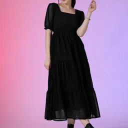 Krunal Raiyani Women Square Neck Puff Sleeves Fit & Flare Dress-image-24