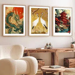 WALLLANE Set of 3 Multicoloured Wood Japanese Art Framed Posters image 3