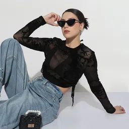 SHOWOFF Self Design Sheer Fitted Crop Top-picture-35