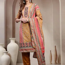 HERE&NOW Ethnic Motifs Printed Straight Pure Cotton Kurta With Trousers & Dupatta image 5