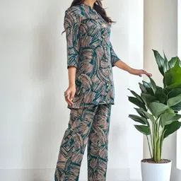 SZN Teal Mandarin Collar Three Fourth Sleeves Tunic With Trouser Co-Ords image 2