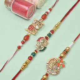 MEIRA JEWELLERY Set Of 3 Stone-Studded & Beaded Rakhi With Roli Chawal & Greeting Card-picture-15