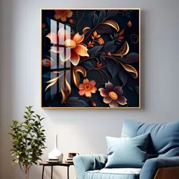 THE NEXT DECOR Gold-Toned & Orange Petals in Bloom Glass Finish Square Wall Art-image-75