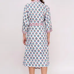 POORAK White Floral Printed Cotton Tie-Ups Knee Length Bath Robe Medium image 2