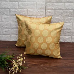 RoyalDeco Beige & Gold-Toned 2 Pieces Ethnic Motifs Brocade Silk Square Cushion Covers-image-77