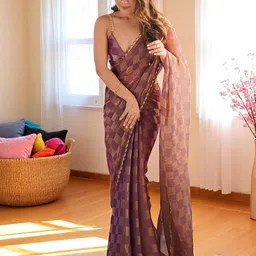 The Textile Hub Checked Beads and Stones Pure Chiffon Saree-image-61