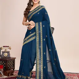 OFLINE SELECTION Ethnic Motifs Embroidered Pure Silk Saree with Blouse Piece image 4