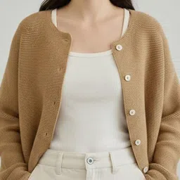 all about you Women Beige Cotton Long Sleeves Cardigan image 4