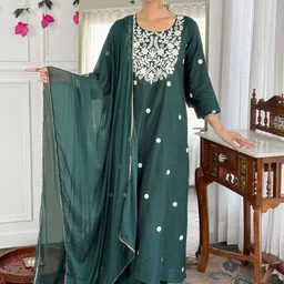 GoSriKi Floral Embroidered Round Neck Thread Work A-Line Kurta With Palazzos & Dupatta-image-3