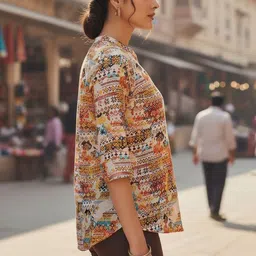 THE FAB FACTORY Print Mandarin Collar Ethnic Cotton Top image 3