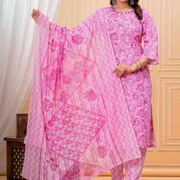 PCH Floral Printed Regular Pure Cotton Kurta With Trousers & Dupatta-picture-24