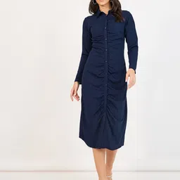 Styli Women Solid Shirt Collar Long Sleeves Ruched A-Line Midi Length Dress-image-66