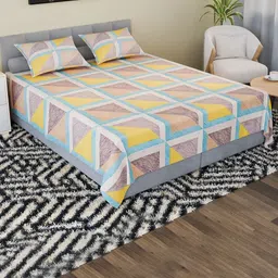 Myntra Elegant Homes Yellow & Blue Geometric 144 TC King Bedsheet with 2 Pillow Covers-picture-14