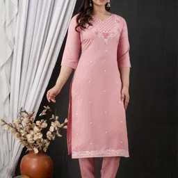 KRISKA Women Pink Embroidered Thread Work Kurta Set image 5