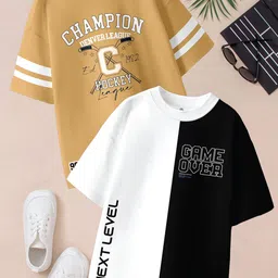 BAESD Boys Pack Of 2 Typography Printed Drop-Shoulder Sleeve Oversized Pure Cotton Tshirts-picture-43