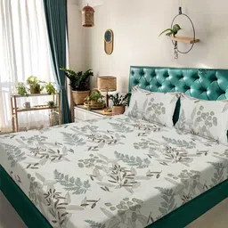 KLOTTHE Cream Coloured & Green Floral Printed 300 TC King Bedsheet Set 2.5 m x 2.25 m-image-85