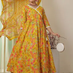 Anouk Mirage Women Floral Printed Angrakha Thread Work Pure Cotton Kurta with Pyjamas & With Dupatta-picture-22
