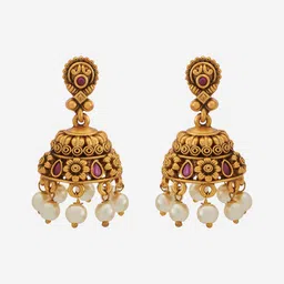 Kushal's Fashion Jewellery Gold-Plated Stone Studded & Beaded Dome Shaped Jhumkas image 3