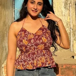 SANGANI Women Floral Printed Halter Neck Pleated Detail Cotton Peplum Top-picture-37