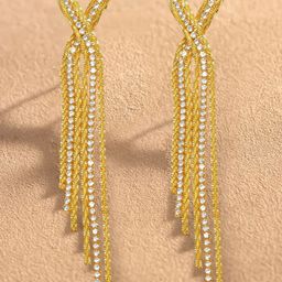 Rubans 18K Gold-Plated Cubic Zirconia Studded Teardrop Shaped Tasselled Drop Earrings-image-89
