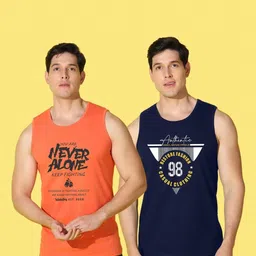 WOOSTRO Men Pack of 2 Typography Printed Round Neck Cotton Slim Fit Sports T-shirts image 4