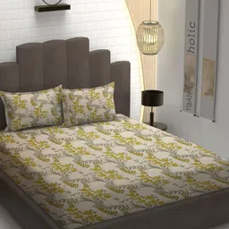 YaAkholic Beige & Green Ethnic Motifs 210 TC Queen Bedsheet with 2 Pillow Covers-image-17