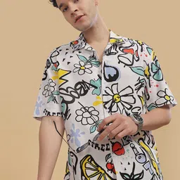 HERE&NOW Men Cuban Collar Graphic Printed Cotton Relaxed Fit Casual Shirt image 1
