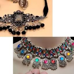 FASHION EMPIRE Women Pack Of 2 Silver Plated Oxidized Choker Necklace & Earrings Set-picture-29