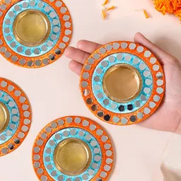 Nestasia Blue & Red 4 Pieces Mirror Work Embellished Tea Light Candle Holders image 3