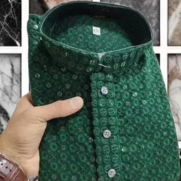 click n buy Men Chikan Embroidery Straight Kurta (Dark Green) image 5