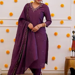 Rujave Floral Embroidered Sequined Raw Silk Kurta With Trousers & Dupatta-image-10