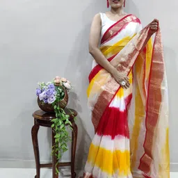 KALINI Tie and Dye Zari Organza Handloom Leheriya Saree-image-2