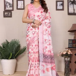WOVENSTOCK Floral Zari Pure Linen Block Print Saree-picture-15