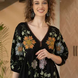 ZUMMER Women Floral Embroidered Puff Sleeve A-Line Dress image 4