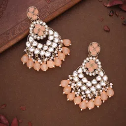 Brado Jewellery Gold-Plated Kundan Studded & Beaded Contemporary Drop Earrings-image-37