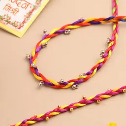 Sangria Set Of 3 Stones Studded & Beaded Thread Rakhis With Roli Chawal Chandan image 1