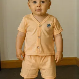 HIGHBROW Unisex Kids Peach Solid Cotton Short Sleeves V-Neck Clothing Set-picture-28