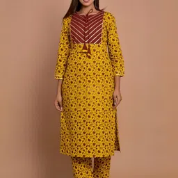 PAHAL ATTIRE Women Mustard Printed Cotton Blend Kurta & Trousers-picture-25