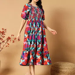 Raiyani Enterprise Women Smocked Floral Printed Puff Sleeves Fit & Flare Midi Dress-image-29